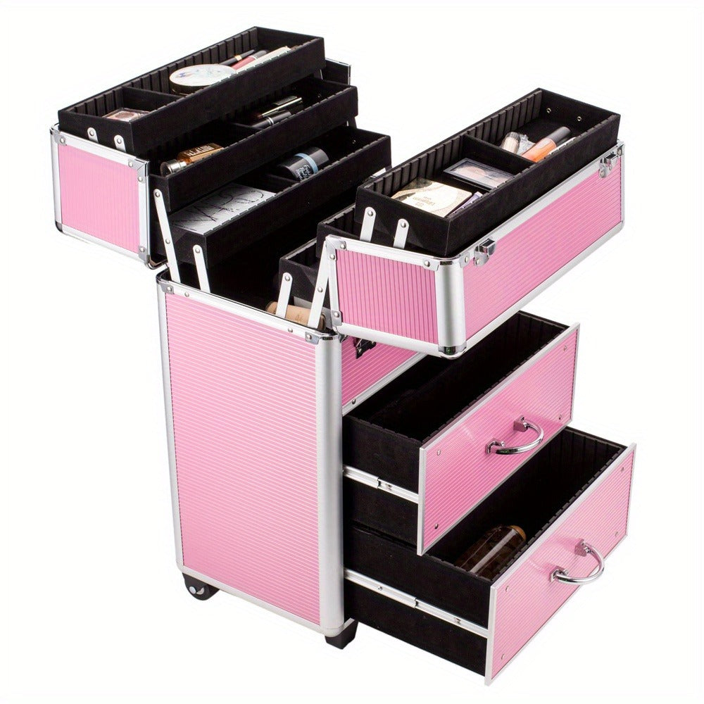 Makeup Train Case 4 Tier Lockable with Extendable Trays Large Capacity Cosmetic Organizer Box for Makeup Artists Salon Professional Beauty Storage Portable Travel Case Pink