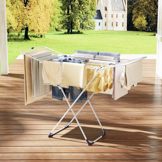 Clothes Drying Rack with 4 Folding Wings, Freestanding White Metal Frame