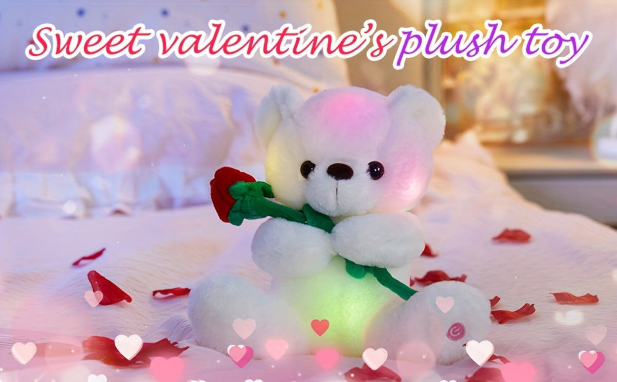 Rose Bear Plush with LED Light Glowing White Bear with Flowers Romantic Stuffed Animal Gift for Her Women Girls Girlfriend Mom Valentine's Day Mother's Day Birthday Anniversary