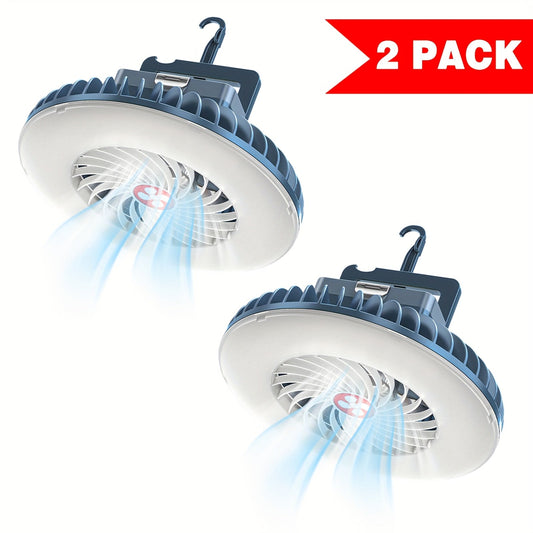 USB Rechargeable Camping Fan with LED Light, Hook & Magnet, 2-Pack