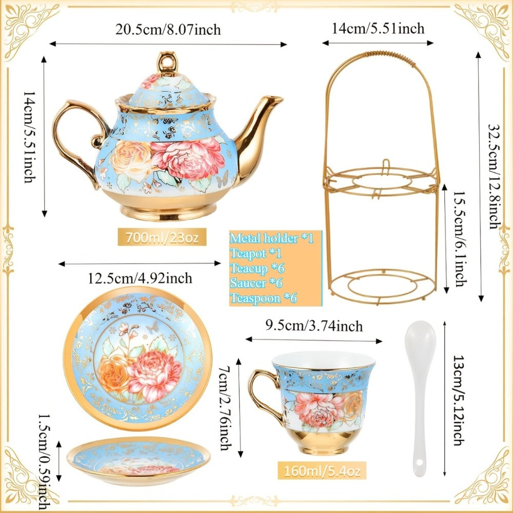 European Floral Ceramic Tea Set 20 Pcs – Italian Style Afternoon Tea Set with Metal Stand – Blooming Pattern Teapot & Cups – Elegant Gift for Tea Lovers & Special Occasions – Golden