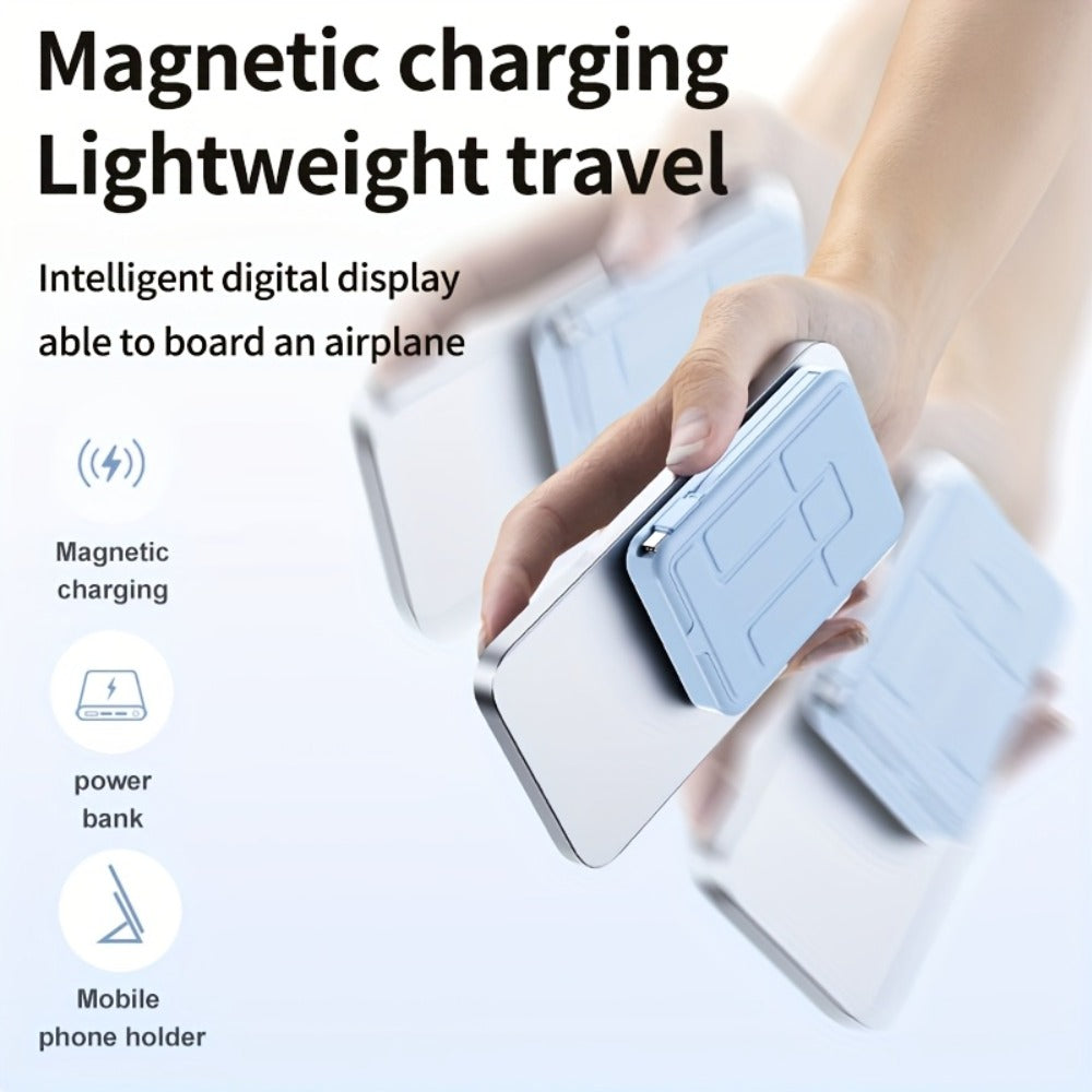10000mAh Mini Power Bank with PD 22.5W Fast Charging, 15W Magnetic Wireless Charging, Built-in 2 Cables, Phone Stand & Digital Display – Slim Portable Charger for iPhone, Android, Travel, Airplane