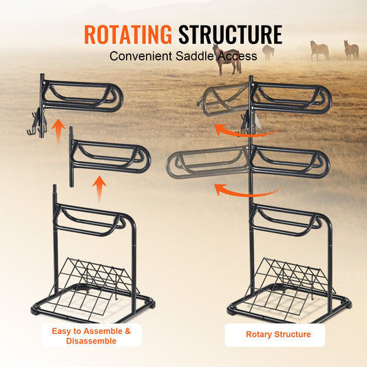 Freestanding Saddle Rack with 3 Rotating Tiers, Carbon Steel Tack Stand, Black