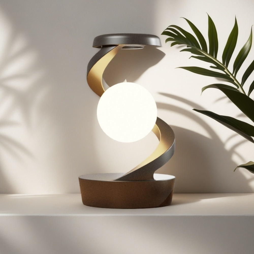 Floating Rotating Night Light with Wireless Charger – Smart Desktop Visual Levitating Lamp with Light Sensor, Hand Wave Control, Atmosphere Mood Light for Bedroom Office Party Decor, Gift (Grey/White)