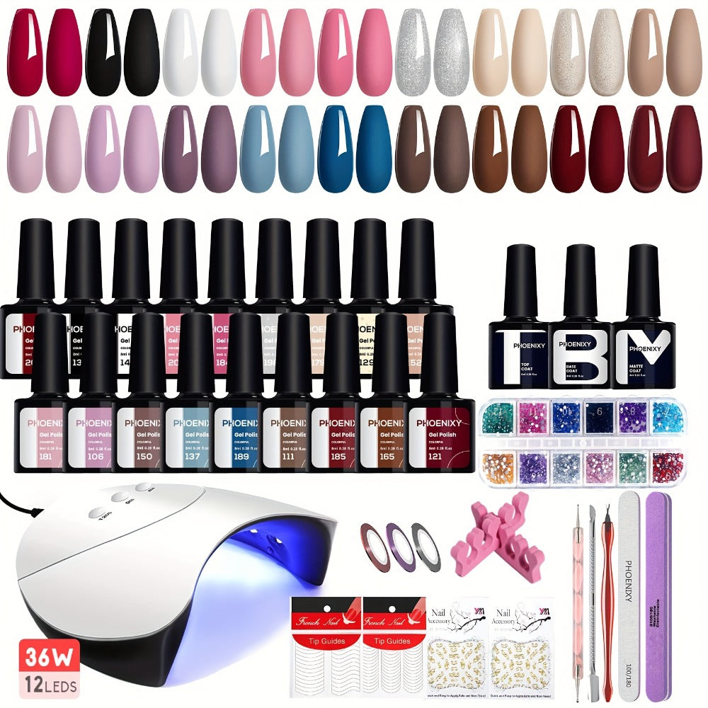 Gel Nail Polish Kit 36 Pieces with 36W UV LED Nail Lamp — Pink Red Purple Black Brown Blue Gel Polish Colors & Complete Manicure Tools Set for Home Salon Nail Art Women