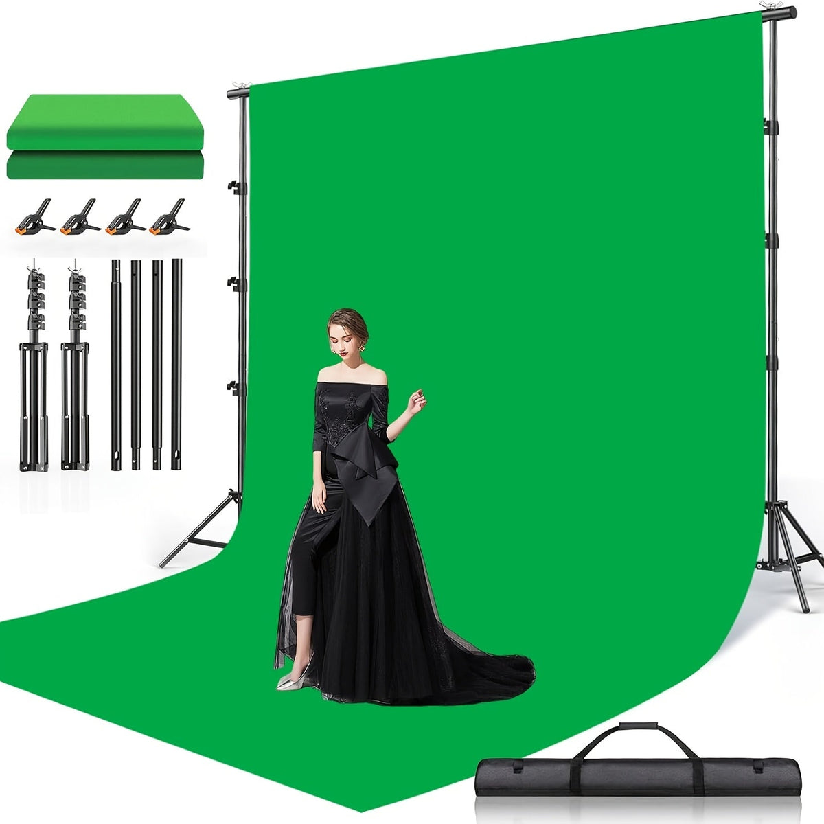 Green Screen Backdrop with Stand Kit 10x10Ft Chroma Key Background 7.5x10Ft Portable Stand with Carrying Bag 4 Clamps for Photoshoot Portraits Party Video Recording Streaming