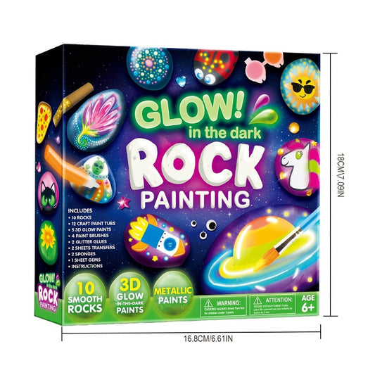 Glow in the Dark Rock Painting Kit for Kids – 10 Rocks, Metallic & Glow Paints, Gems, Brushes & Stickers