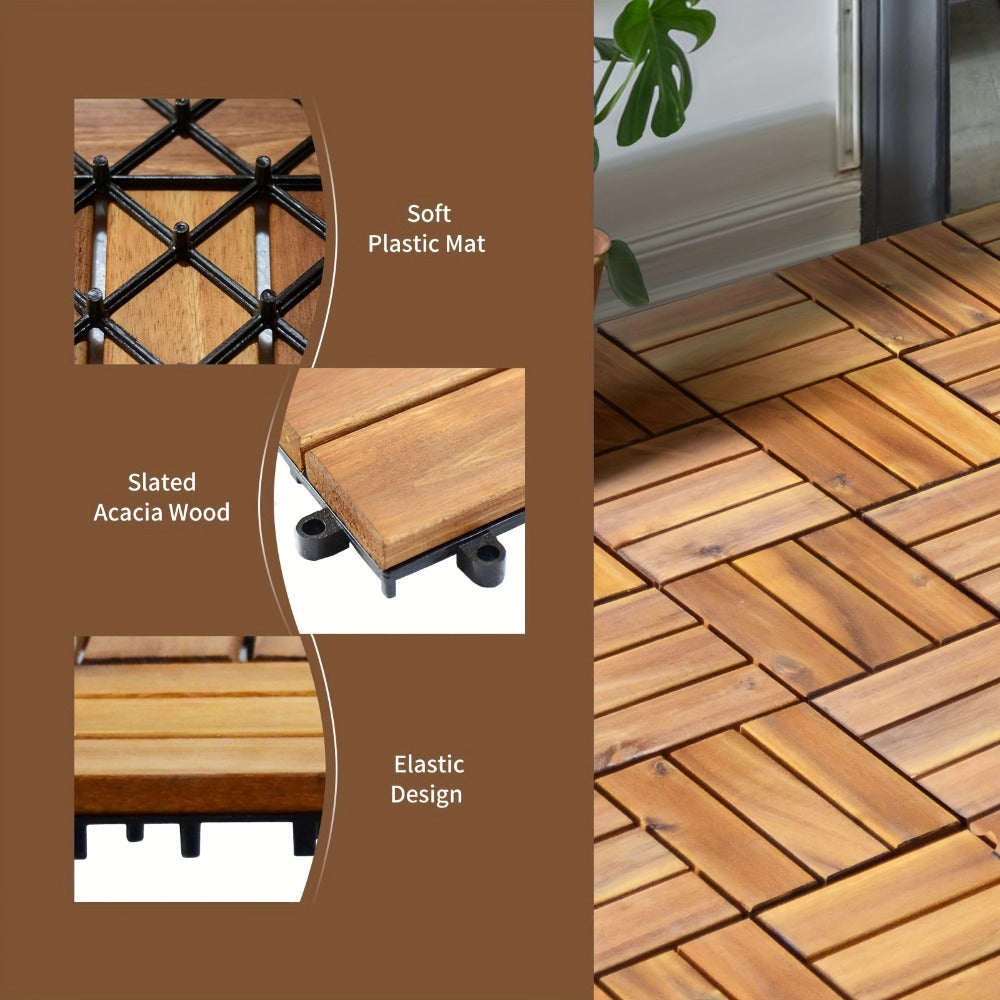Interlocking Acacia Wood Deck Tiles 27-Pack – 12x12 Inch Oil-Finished Slat Tiles, Covers 27 Sq Ft, Tool-Free Install, for Patio, Balcony, Garden, Deck & Indoor Flooring