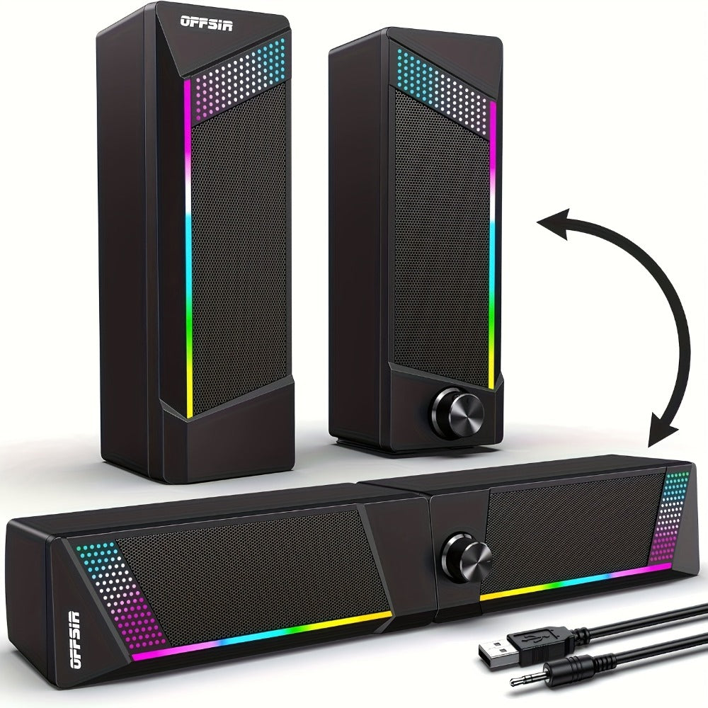 2-in-1 RGB Gaming Computer Speakers Wired, PC Desktop Laptop Soundbar with Subwoofer, Volume Control, RGB Ambient Light, USB Powered, 3.5mm Aux Input for Home Office Gaming