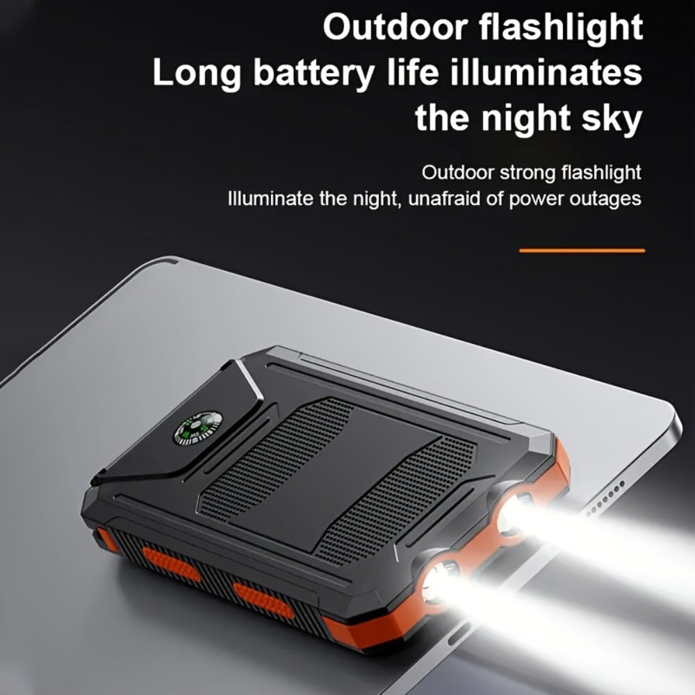 29800mAh Solar Power Bank with Compass & Dual LED Flashlight – Outdoor Camping Portable Charger, Dual USB 5V Output, SOS Emergency Battery Pack for Cell Phones & Mobile Devices, Black/Orange