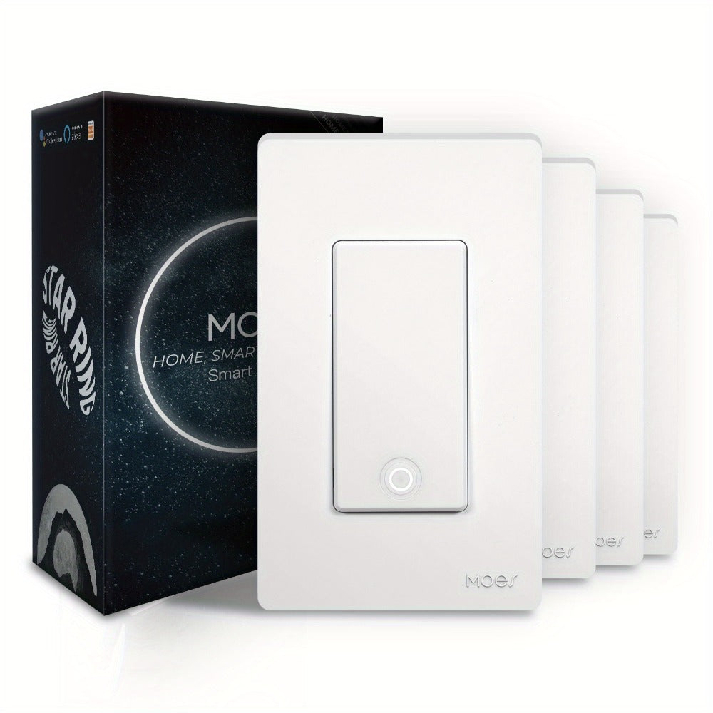 WiFi Smart Light Switch 4-Pack – MOES Star Ring Single Pole Wall Switch, Works with Alexa, Google Home & SmartThings, Tuya App, Schedule, Away Mode, Remote Control, Neutral Wire Required (White)