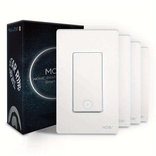 WiFi Smart Light Switch 4-Pack – MOES Star Ring Single Pole Wall Switch, Works with Alexa, Google Home & SmartThings, Tuya App, Schedule, Away Mode, Remote Control, Neutral Wire Required (White)