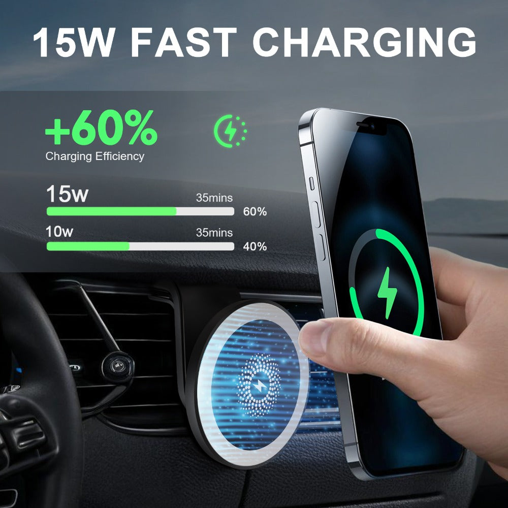 Magnetic Car Mount Wireless Charger 15W Fast Charging 360° Rotation Dashboard Phone Holder for iPhone 17 Air 16 15 14 13 12 Pro Max, Samsung Galaxy S24 S23 Android – Black White