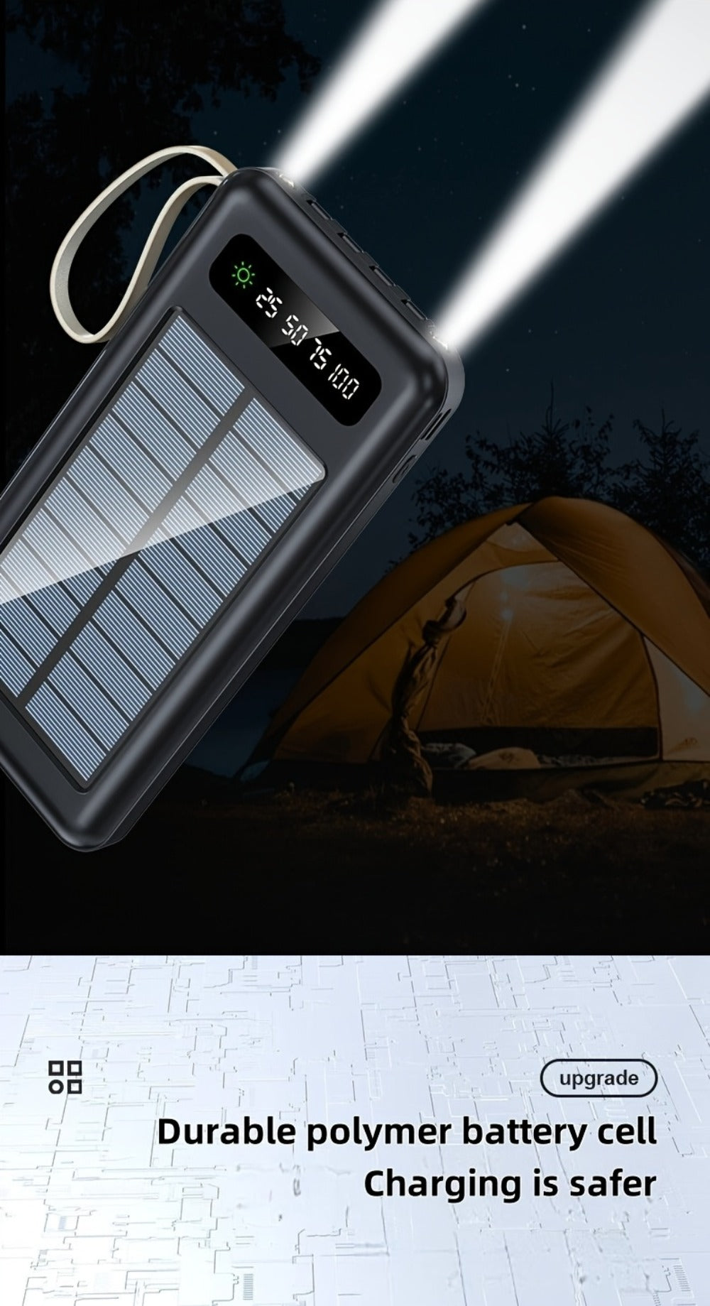 Solar Power Bank with Built-in 4 Cables LED Flashlight 15W Fast Charging Digital Display Dual USB USB-C Portable Charger 10000mAh 20000mAh 30000mAh for iPhone Android Camping Hiking