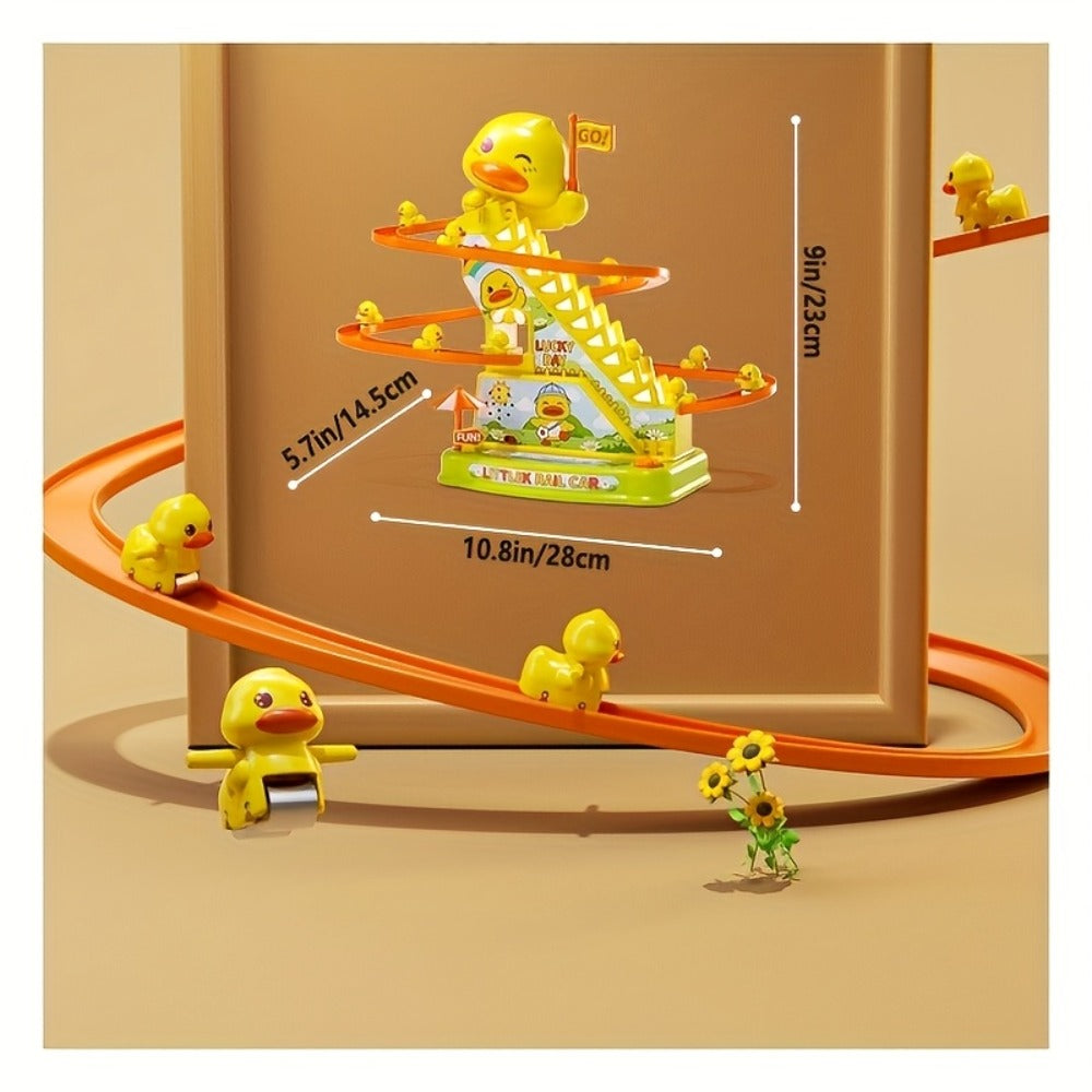 Electric Duck Climbing Stairs Toy with Music and Six-Duck Slide Loop