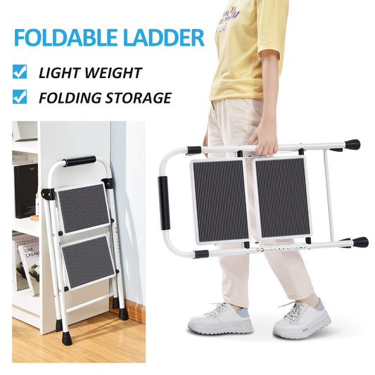 Folding Step Ladder, 2-Step Steel Frame with Wide Textured Steps and Handle, 250 lb Capacity