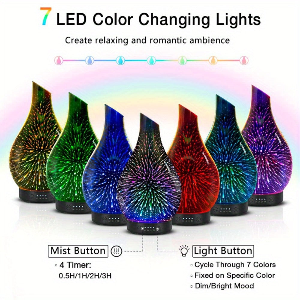 Essential Oil Diffuser Glass Ultrasonic Cool Mist Aromatherapy Diffuser – 4.06 oz Quiet Waterless Auto Shut-Off, 4 Timer Settings, 7 Color Night Light, Home Office Bedroom Use (Silver)