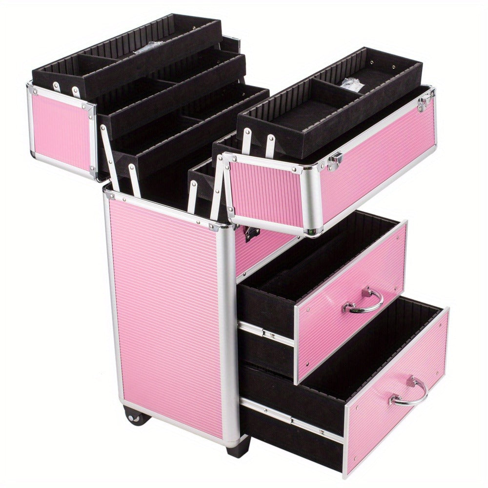 Makeup Train Case 4 Tier Lockable with Extendable Trays Large Capacity Cosmetic Organizer Box for Makeup Artists Salon Professional Beauty Storage Portable Travel Case Pink