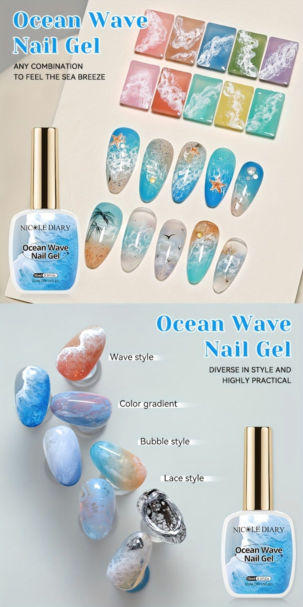 Watercolor Marble Ocean Wave Nail Art Gel Polish Set NICOLE DIARY 2pcs 15ml Each - UV LED Cured Long Lasting Glossy Ink Effect DIY Home Manicure No Resin Remover Needed Nail Gel Kit for Women