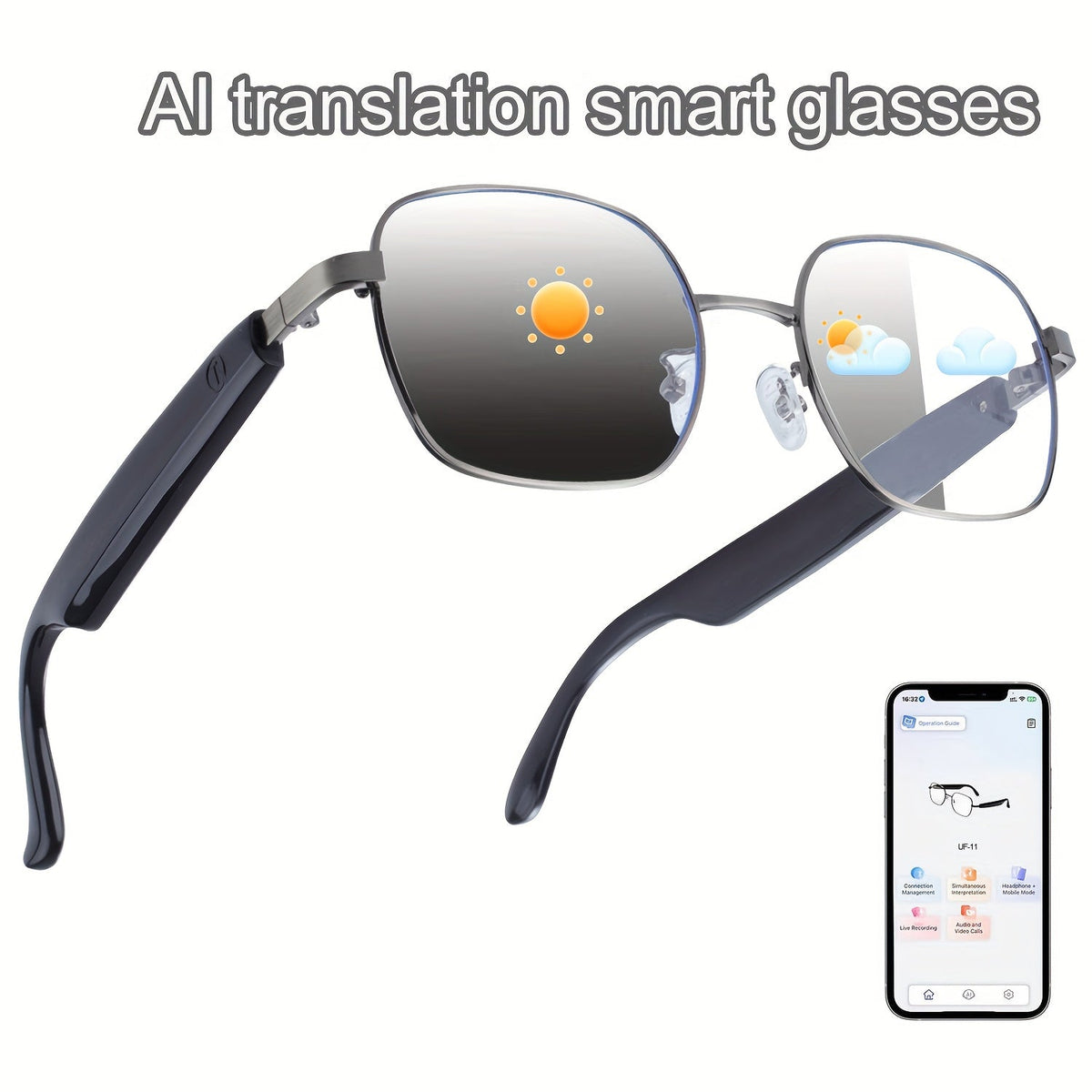 ChatGPT AI Translation Glasses with 160-Language Real-Time Translation, Photochromic Lenses, HiFi Audio & HD Calls – 19 Frame Styles, Unisex Smart Eyewear for Travel & Business