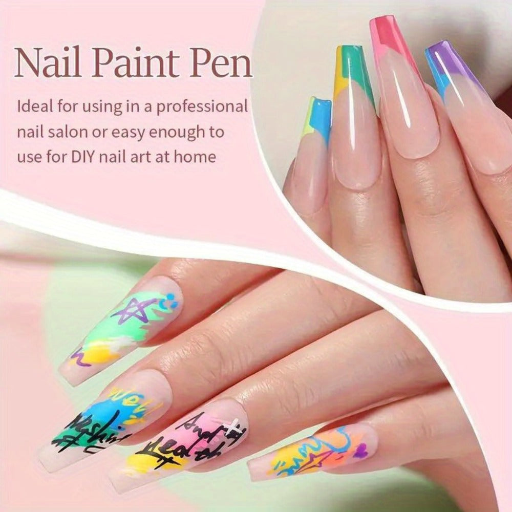 Metal Rod Nylon Brush Nail Art Pen Set 12 Colors - Acrylic Paint Pens for 3D Doodle Dot & Stitching Nail Design, Quick-Dry Long-Lasting Detail Tools for Home & Salon, Beginner Gift