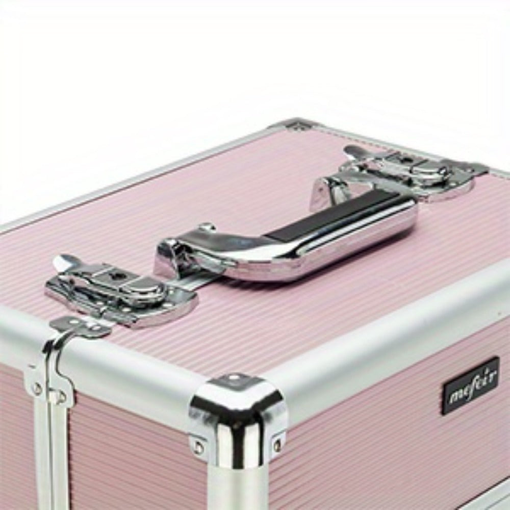 Makeup Train Case Rolling 4-in-1 Aluminum Lockable Trolley with 4 Removable Wheels Collapsible Trays DIY Compartments Telescopic Rod Cosmetic Organizer for Makeup Artists Salon Travel Black Pink Rhinestone