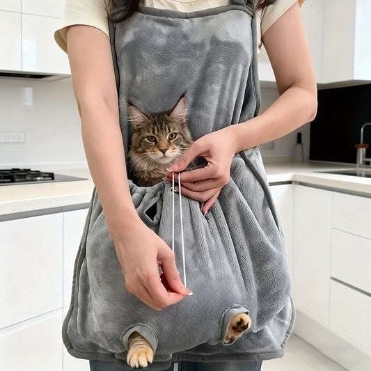 Cat Carrier Apron with Fleece Lining, Four Paw Openings & Adjustable Fit, Gray