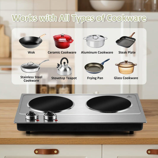 Infrared Double Burner Cooktop, 1800W with Independent Heat Controls