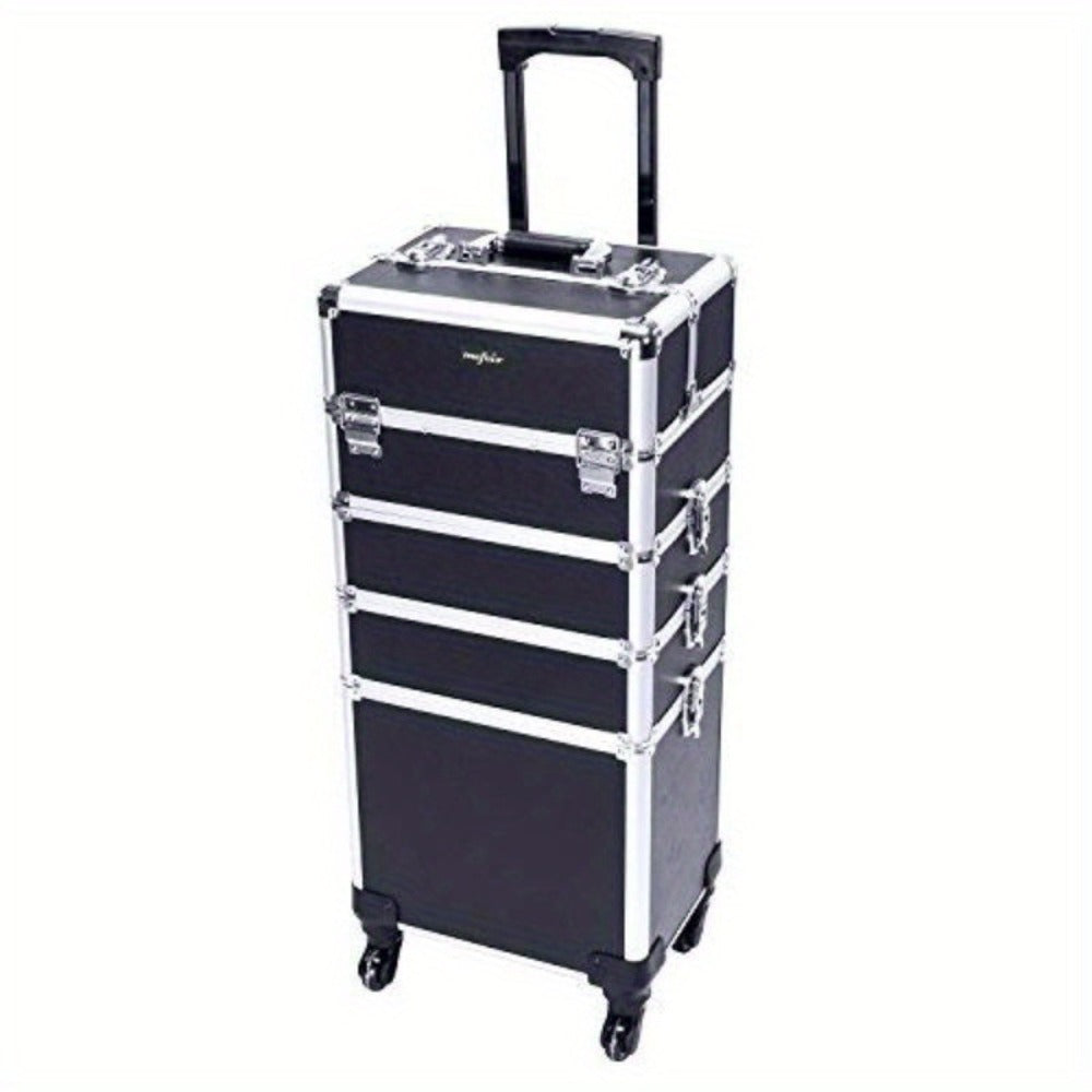 Makeup Train Case Rolling 4-in-1 Aluminum Lockable Trolley with 4 Removable Wheels Collapsible Trays DIY Compartments Telescopic Rod Cosmetic Organizer for Makeup Artists Salon Travel Black Pink Rhinestone