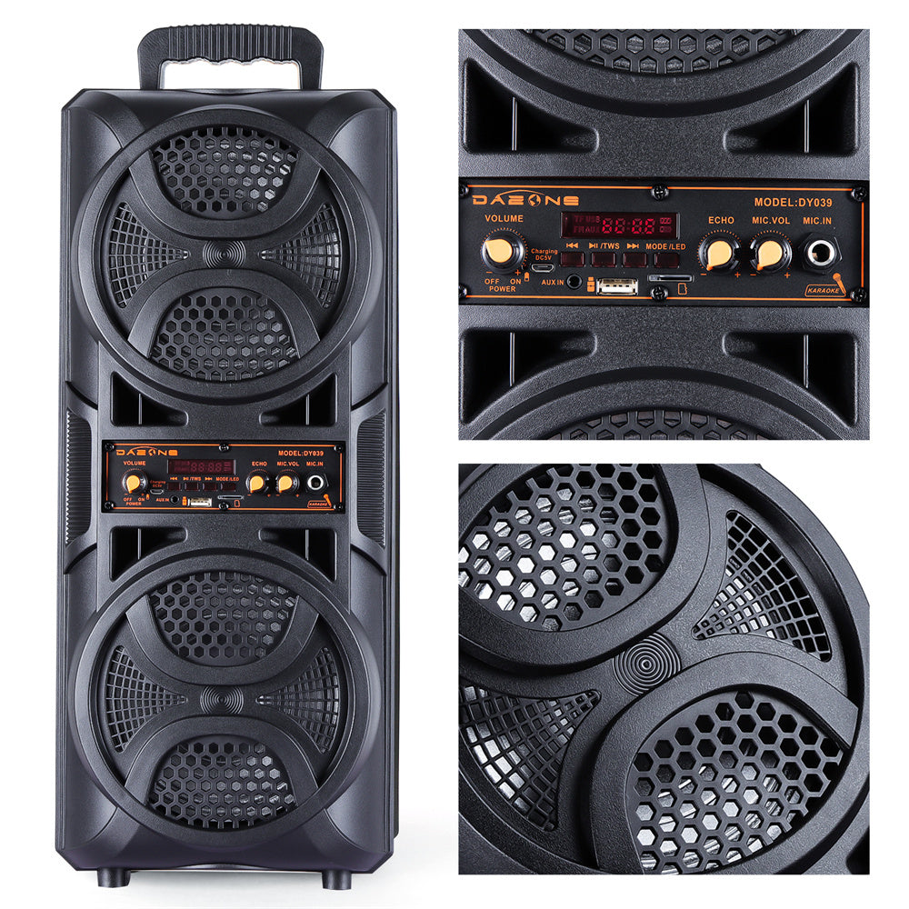 Portable Karaoke Bluetooth Speaker with Wheels & Microphone – Party DJ Sound System Dual 6.5" Woofer LED Lights FM AUX TF USB TWS Rechargeable Outdoor Speaker
