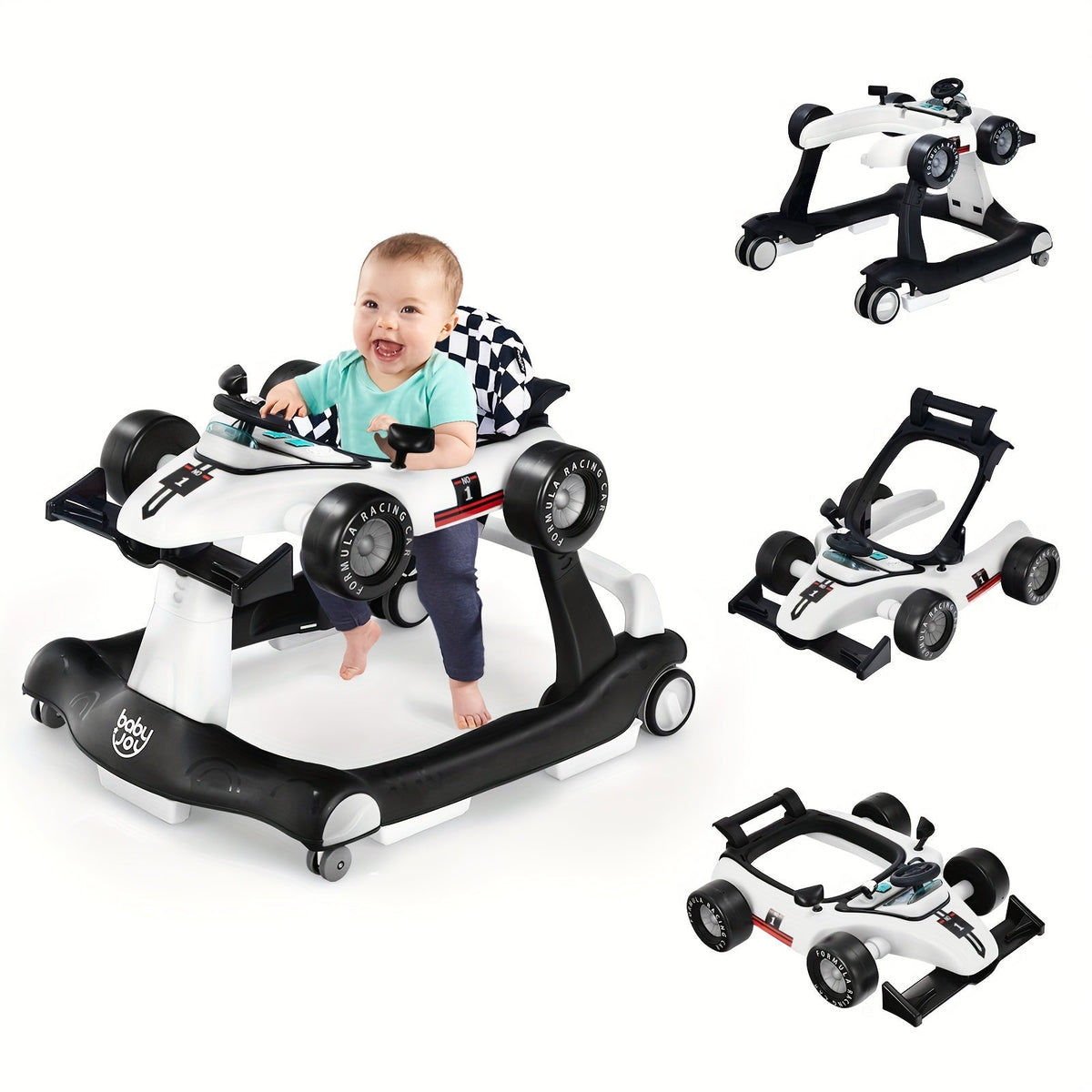 4-in-1 Foldable Baby Walker with Activity Toy Tray & Adjustable Height – Sit-to-Stand Push Walker for Infants & Toddlers, Removable Washable Seat Pad, Safe Learning Walker Baby Gift (Blue)