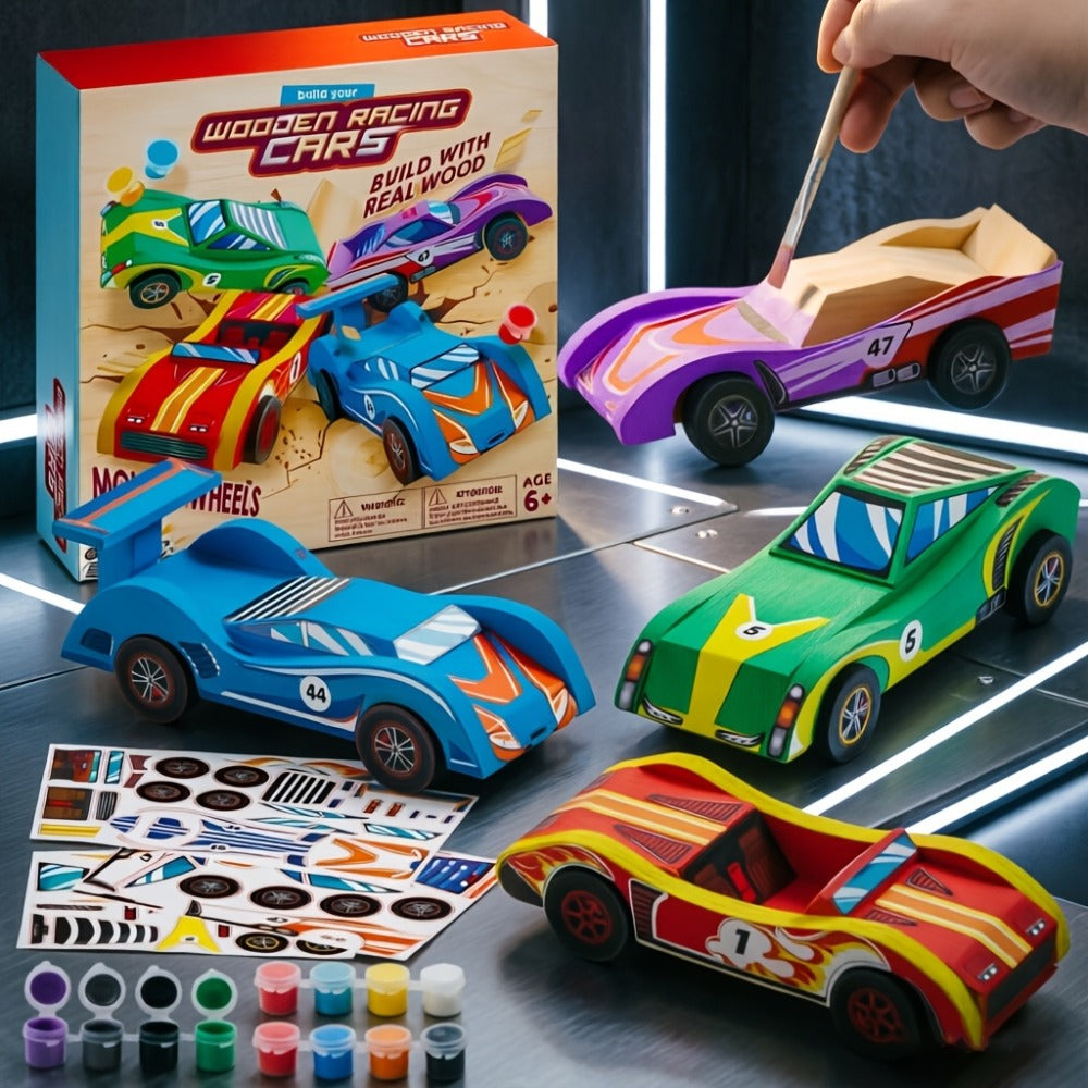 DIY Wooden Race Car Kit, 4 Cars to Build and Paint for Kids Ages 8+
