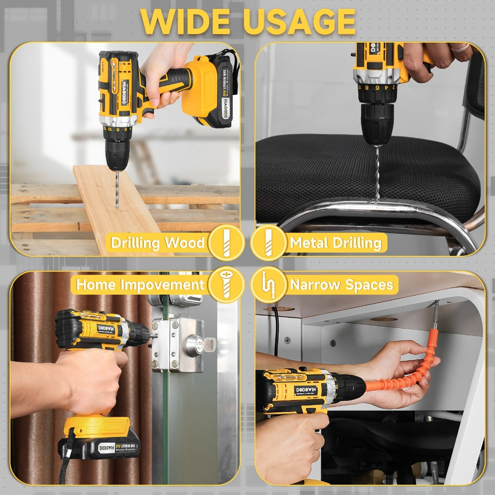 Cordless Impact Drill Set 12V / 21V Electric Drill Kit – 45Nm Torque, 2-Speed, Keyless Chuck, LED Light, Battery & Charger Included, Up to 115pcs Accessories for Home Repair, DIY & Construction
