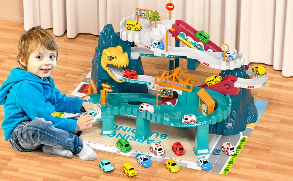 Dinosaur Race Track Toy Set – Multi-Level Dino Car Track with Ramp Launcher & 10 Mini Cars