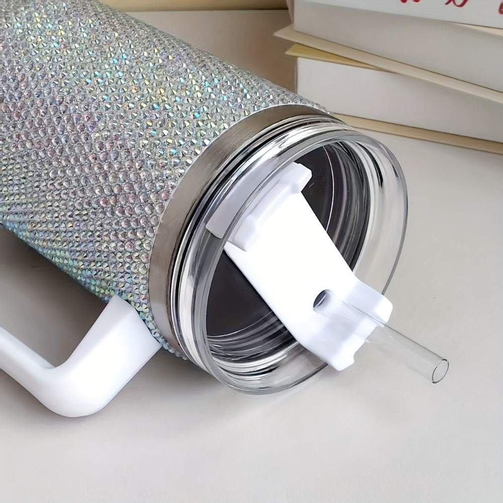 Bling Diamond Tumbler 40 Oz – Studded Rhinestone Stainless Steel Insulated Travel Mug with Handle & Straw Lid – Fits Car Cup Holders – Glamorous Gift for Women – Silver
