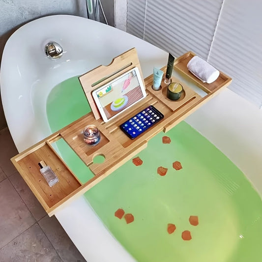 Bamboo Bath Caddy Tray, Expandable Bathtub Organizer with Adjustable Reading Rack