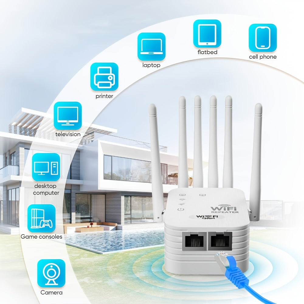 Compact WiFi 6 Signal Booster 1200Mbps with 6 Antennas, Dual Band 2.4GHz & 5GHz Wide Coverage Network Extender, Strong Stable Signal, Compatible with All Smart Routers, Space-Saving Design, White