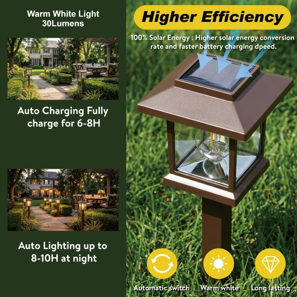 Solar Pathway Lights Outdoor Edison Style LED – Up to 12 Hours Auto On/Off IP44 Waterproof | Warm White Solar Garden Lights for Yard, Driveway & Walkway | Black & Brown Upgraded Stake Lights