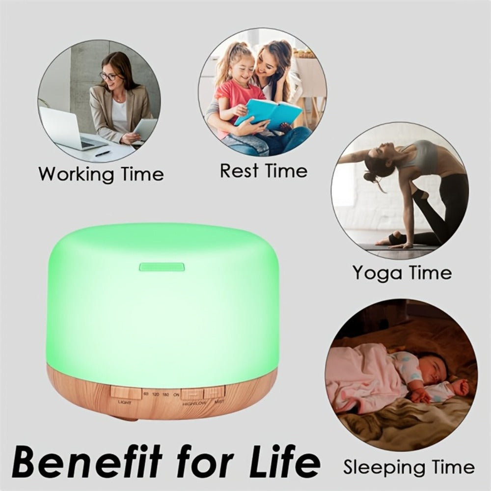 Large Room Essential Oil Diffuser 16.91oz – Timer, 7 Ambient LED Lights, No Water Auto-Off, Wood Grain Design for Home & Office