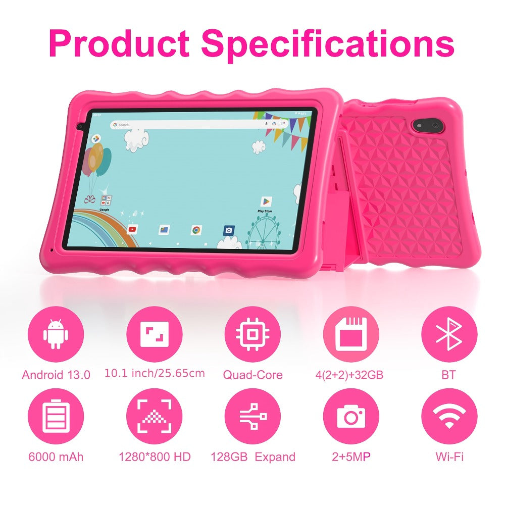 Kids Tablet 10.1 Inch Android 13 with 4GB RAM 32GB, 6000mAh Battery, Dual Camera, WiFi, Bluetooth, Parental Controls & Shockproof Case – Learning Tablet Gift for Boys & Girls, Blue / Pink