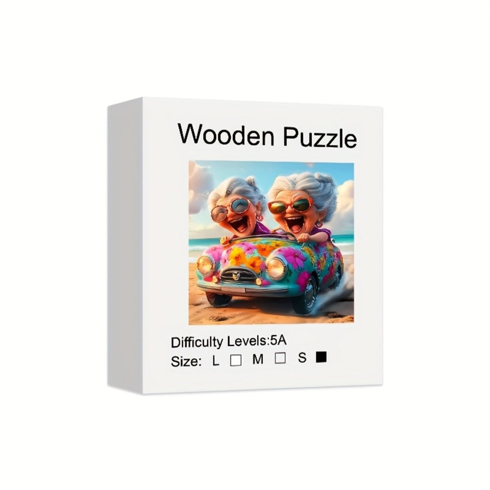 Wooden Jigsaw Puzzle, Happy Old Lady Artwork with Irregular Pieces in S and L