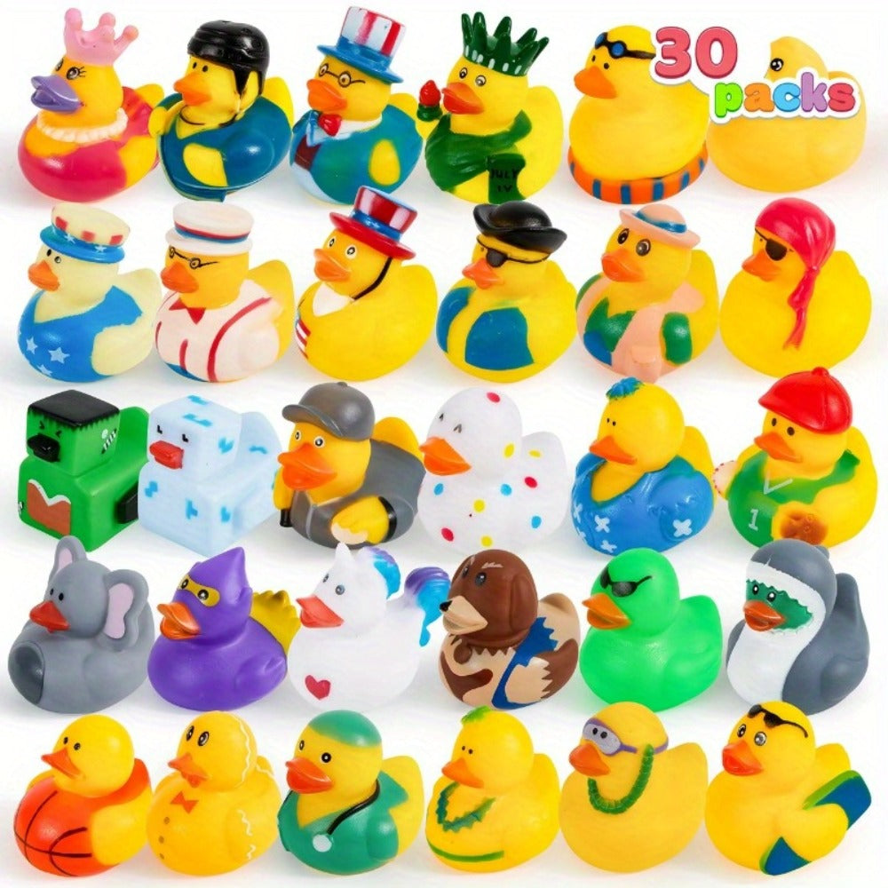 30 Pack Mini Rubber Ducks Assorted with Mesh Bag – 2" Floating Bath Toys for Kids, Variety Zoo Animal Unicorn Pirate Designs, Baby Shower Party Favors, Birthday Gifts for Boys & Girls