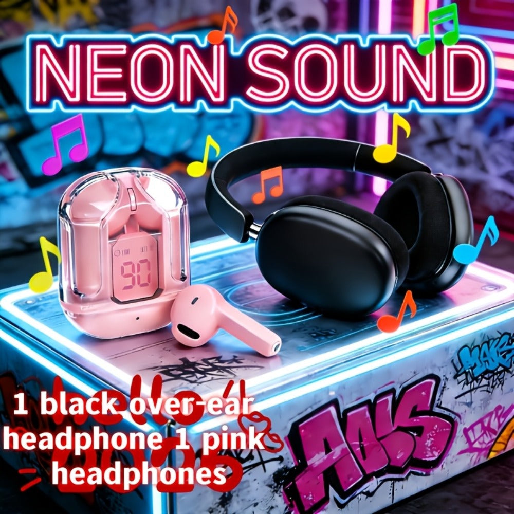 Cute Pink Cat Ear Headphones & Wireless Earbuds Gift Set Bundle LED Glowing Over-Ear Headset Combo for Girls Teens Women Birthday Holiday Back to School