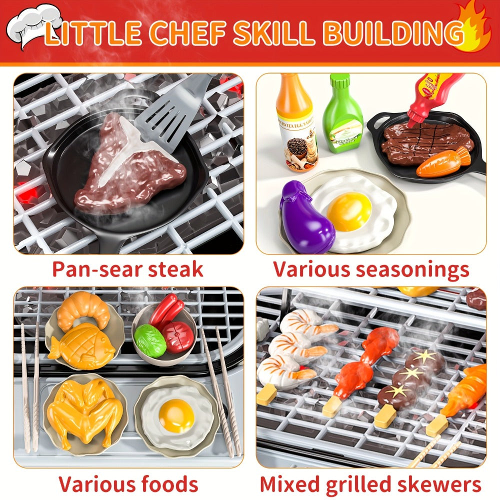 Kids BBQ Grill Playset with Two-Tier Design, Toy Food & Water Tap
