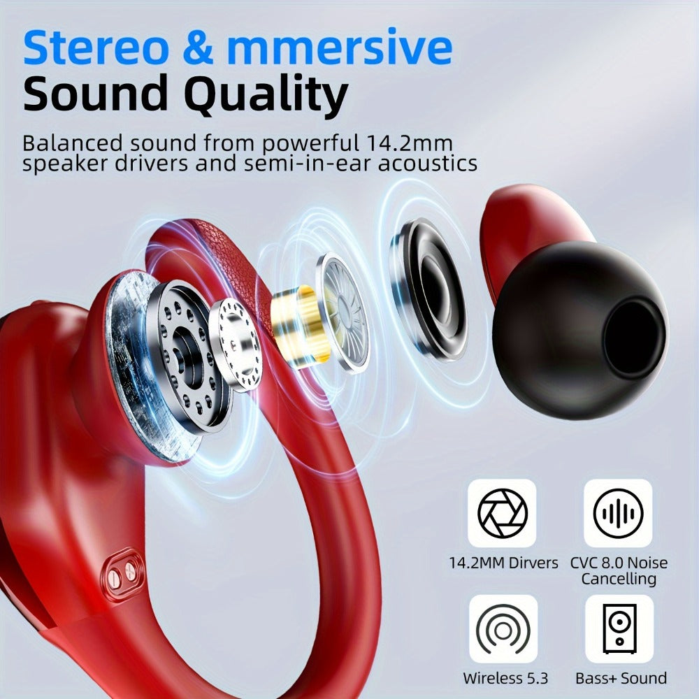 LIFEBEE Earhook Wireless Earbuds Dual LED Display ENC Noise Canceling Pure Bass Built-In Mic Secure Sport Fit for Running Gym Workout Cycling Sports Wireless Earphones