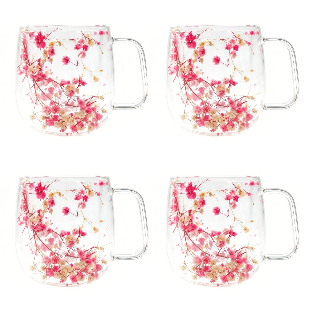 Double Wall Glass Coffee Cups with Handle Set of 4 – Borosilicate Thermal Mugs for Latte Cappuccino Tea | Dried Flower & Petal Design Transparent Drinkware for Office Home Gifts
