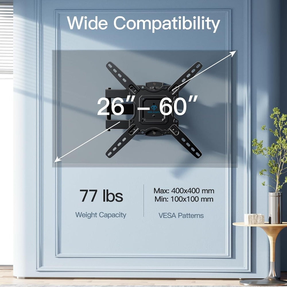 Heavy Duty TV Wall Mount 26-60 Inch Full Motion – Stainless Steel Swivel Tilt Extension Arm, VESA 400x400mm, Holds 77 lbs, Universal Fit for Samsung LG Sony TCL Vizio Hisense, Black