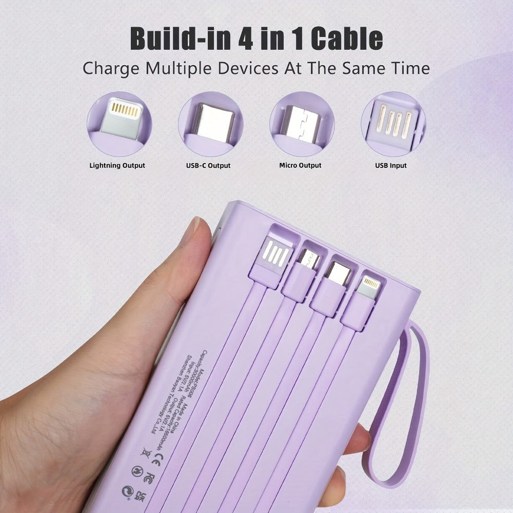 30000mAh Large Capacity Power Bank 15W Fast Charging with 4 Built-In Cables & 4-Mode Camping Light, Business Minimalist Portable Charger 10000mAh 20000mAh Compatible with iPhone Android – Black Purple White