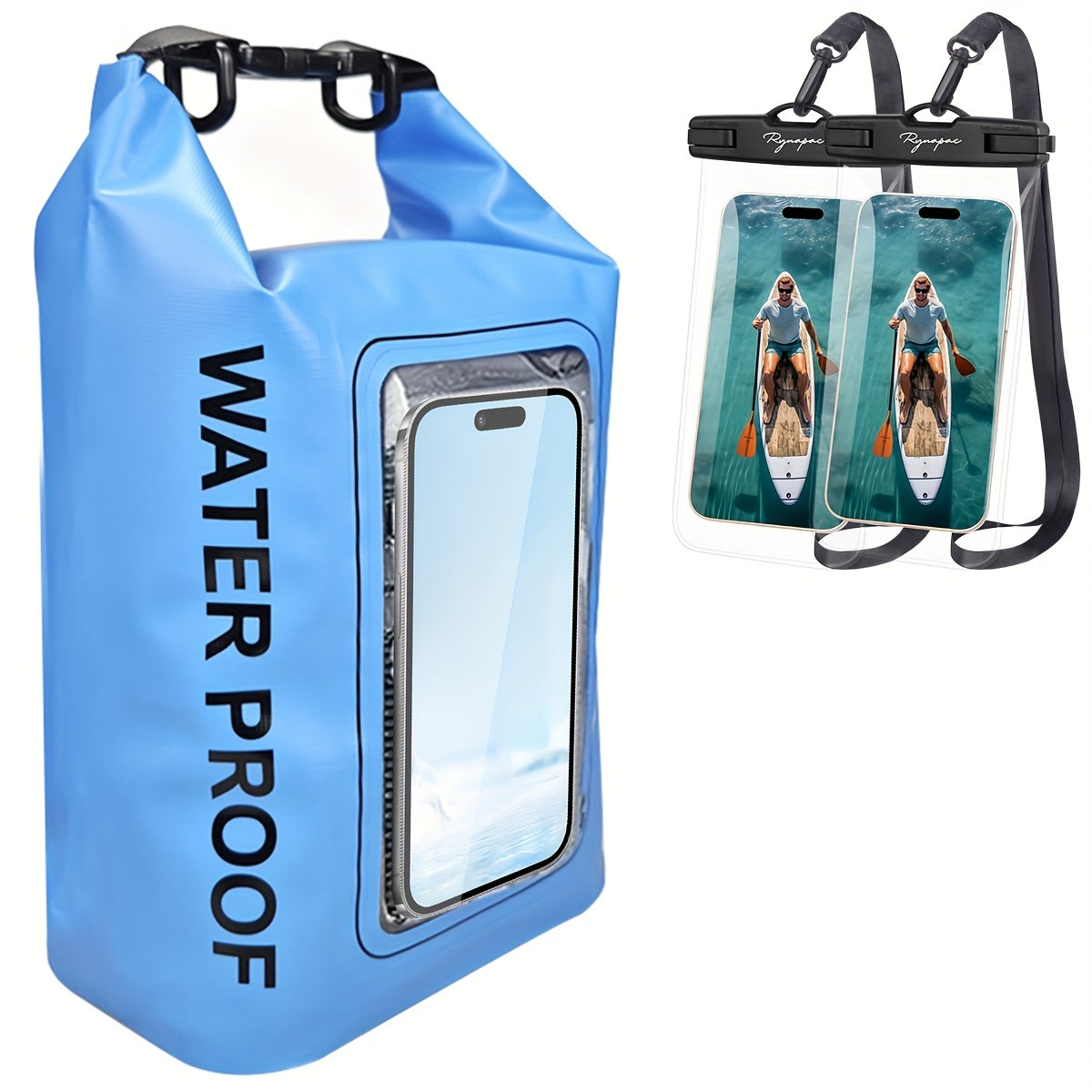 Waterproof Dry Bag Set 3-Piece Roll Top Backpack with Phone Pouch & Dry Sack - Kayaking Boating Camping Swimming Beach Fishing Rafting Travel Gear for Men Women, 1.32 Gal Lightweight PVC Water Sports Bag