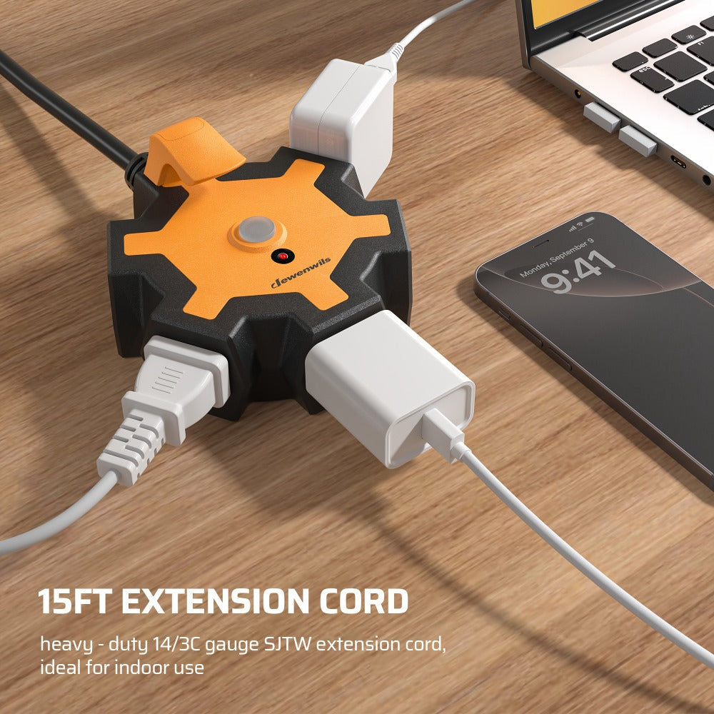 Power Strip Heavy Duty 5-Outlet with 15ft Extension Cord - 15A Circuit Breaker, 14/3 AWG SJTW Cord, Swivel Safety Covers, Indoor Outdoor Use for Garage Workshop, 1-Pack & 2-Pack Available